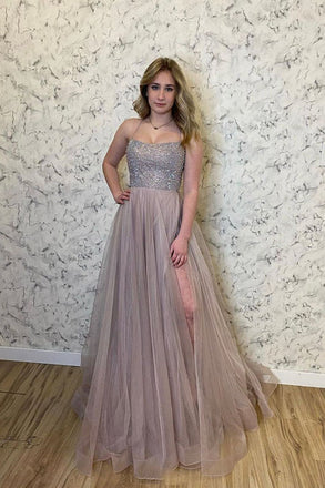 Chic A Line Tulle Beaded Long Prom Dress With Slit Spaghetti Straps Evening Dress DMP054