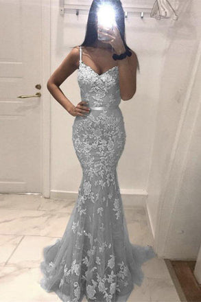 Mermaid Grey Tulle Long Prom Dresses Lace Appliques Spaghetti Straps Formal Evening Dress DMP068