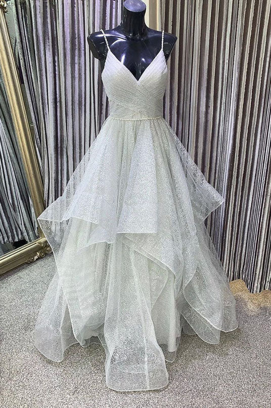 Gray V Neck A Line Tulle Sequins Ruffles Long Prom Dresses Formal Party Dress DMP081