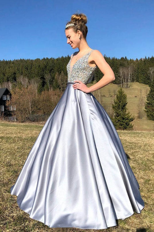 A Line Satin V Neck Beading Long Prom Dresses V Back Formal Evening Dresses DMP059
