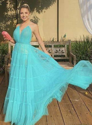 Simple V Neck Tulle Long Prom Dresses A Line Formal Evening Dress DMP062