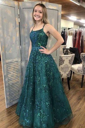 A Line Spaghetti Straps Green Sequins Long Prom Dresses Formal Evening Dress DMP066
