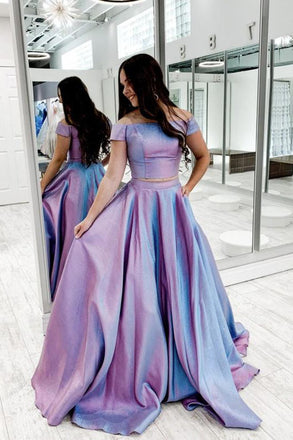 Two Pieces A Line Long Prom Dresses With Pockets Cap Sleeves Evening Dress DMP071