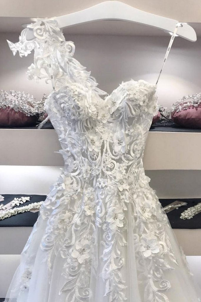 Sweetheart Lace Applique Long Prom Dress, Off White Evening Dress DME25
