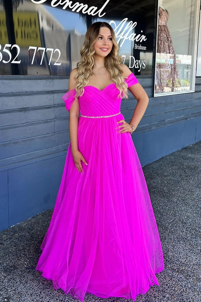 Fuchsia Off-the-Shoulder Sweetheart Beaded Pleated Tulle Long Prom Dress DMP310