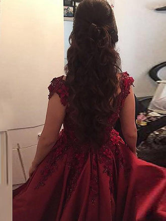 Ball Gown Burgundy Sleeveless Off the Shoulder Lace Applique Prom Dresses DMC77