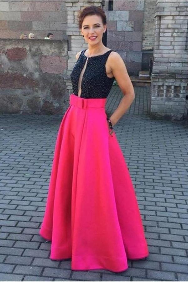 Black Top Red Skirt Long Satin Beading A-line Pretty Party Dresses Prom Dresses K756