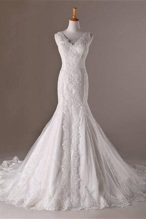 Mermaid V-neck Long Lace Sweep Train Lace Up Modest Wedding Dresses W22