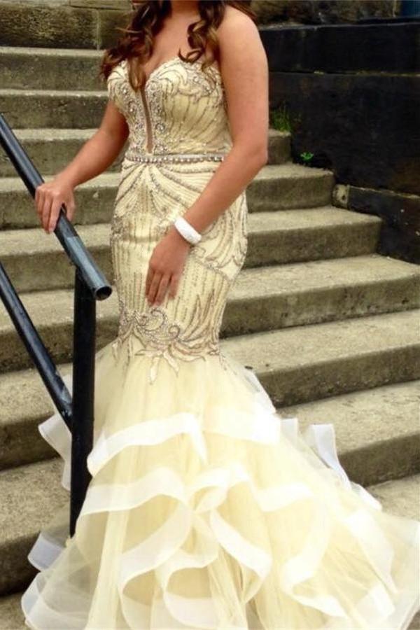 Beige Mermaid Beaded Strapless Long Pretty Prom Dresses For Teens K707