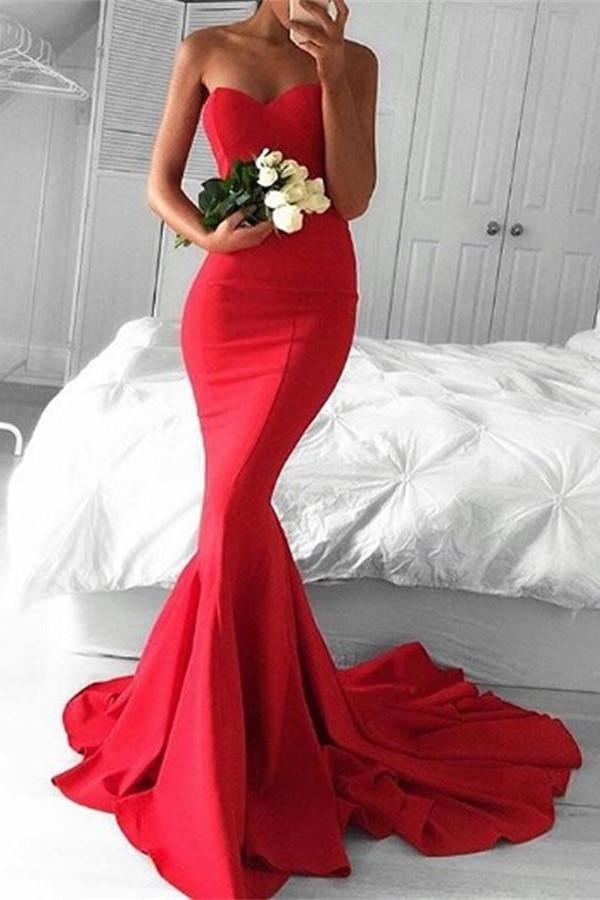 Beautiful Red Sweetheart Long Mermaid Simple Cheap Prom Dresses K765