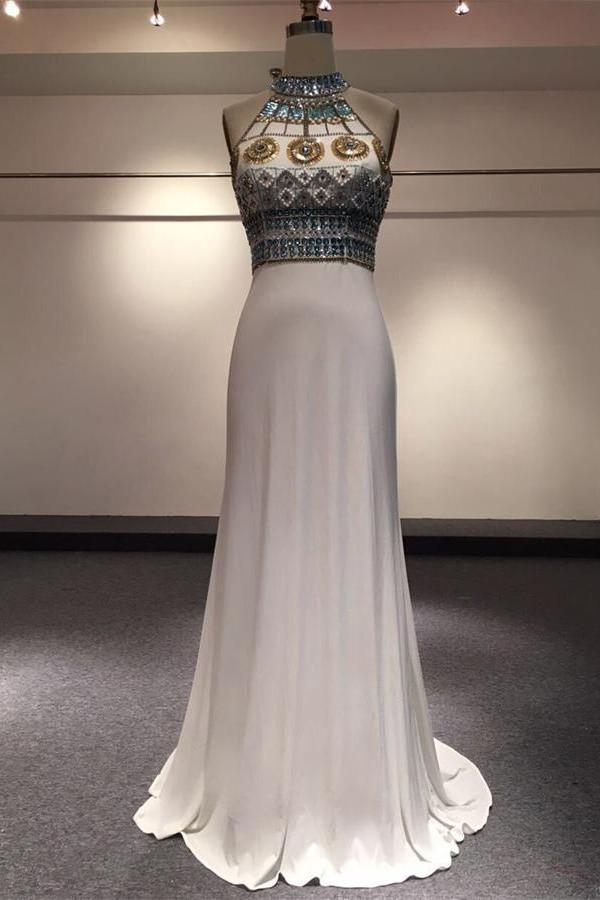 White Halter Beaded Two Pieces Long Mermaid Prom Dresses K714