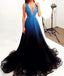 stunning Black Blue Gradient Tulle Long Evening Party Dress,A Line V-neck Prom Dresses DM245