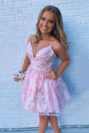 Princess A Line Spaghetti Straps Pink Short Floral Appliques Homecoming Dresses DM1034