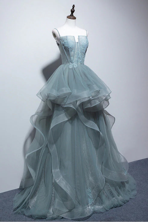 A Line Spaghetti Straps Tulle Long Prom Dresses, Stunning Evening Party Dress DMP176