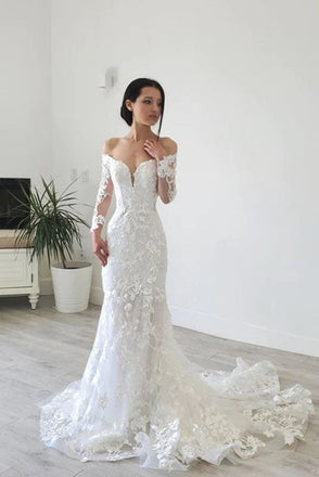 Long Sleeves Mermaid Wedding Dresses, Off Shoulder Lace Bridal Gowns DM1948