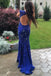 Sparkly Royal Blue Lace Beaded Long Mermaid Backless Prom Dresses Evening Dresses K753