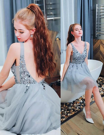 Bling A Line V Neck Light Blue Short Homecoming Dresses With Beading DMO42