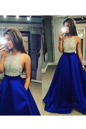 High Neck Royal Blue Long Prom Dresses,Bodice Beads Evening Prom Dress Ball Gown DME60