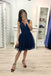 Dark Blue A Line V Neck Prom Dresses, Tulle Short Homecoming Dress DMJ21