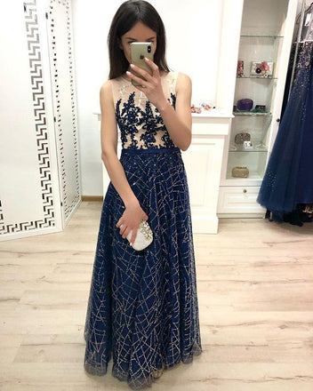 A Line Dark Blue Long Prom Dresses, Sequins Sleeveless Evening Dress DMJ19
