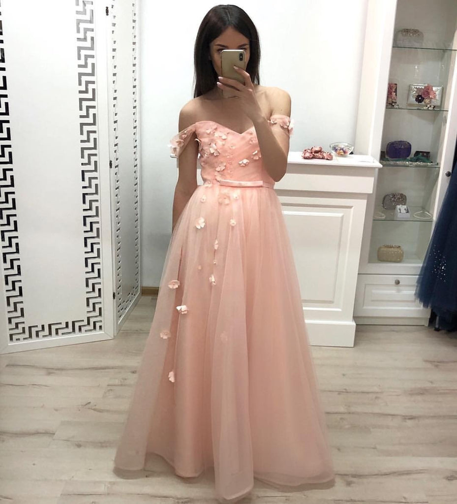 A Line Off the Shoulder Long Prom Dresses, Pleats Prom Gown With Flowers DMJ20