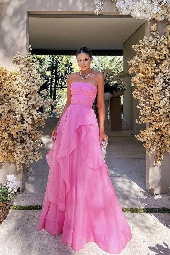 Simple A Line Hot Pink Strapless Long Prom Dress, Modest Evening Dresses DM1976