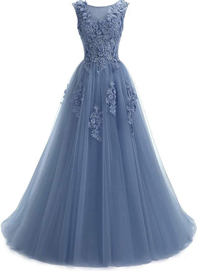 A Line Round Neck Lace Appliques Floor Length Prom Dresses DMR11