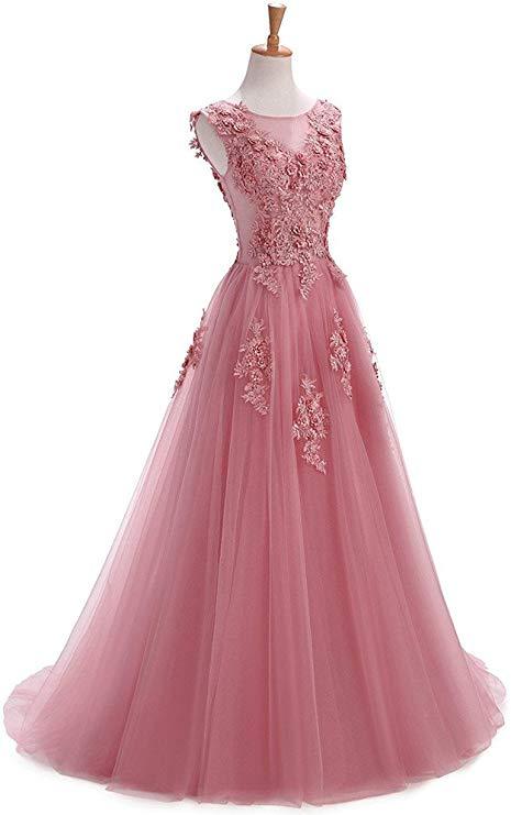 A Line Round Neck Lace Appliques Floor Length Prom Dresses DMR11