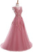 A Line Round Neck Lace Appliques Floor Length Prom Dresses DMR11