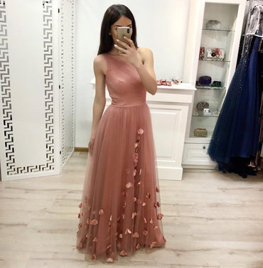 One Shoulder A Line Tulle Floor Length Prom Dresses Cheap Long Evening Dress DMJ23