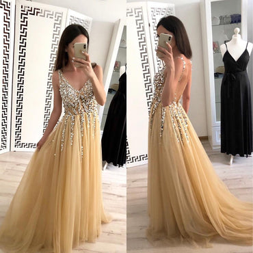 Charming A Line Tulle V Neck Floor Length Prom Dresses Beads Sequins DMJ24