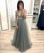 New A Line V Neck Grey Prom Dresses, Beaded Sequins Prom Dress DMK22