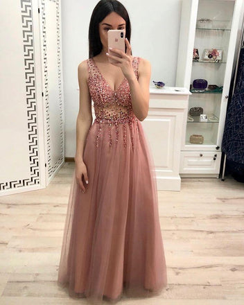 New A Line V Neck Beading Prom Dresses, Long Tulle Prom Dress DMK23