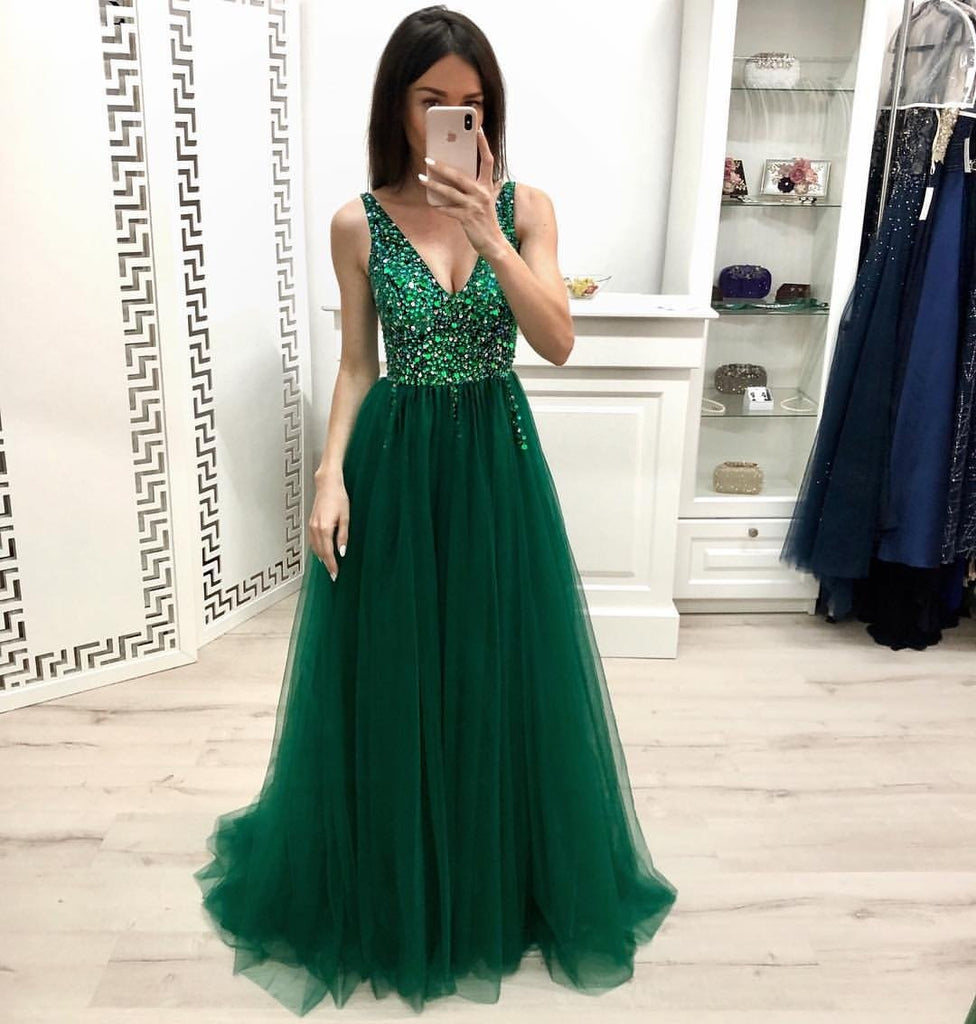 Fashion A Line V Neck Beading Prom Dresses, Long Tulle Green Prom Dress DMK24