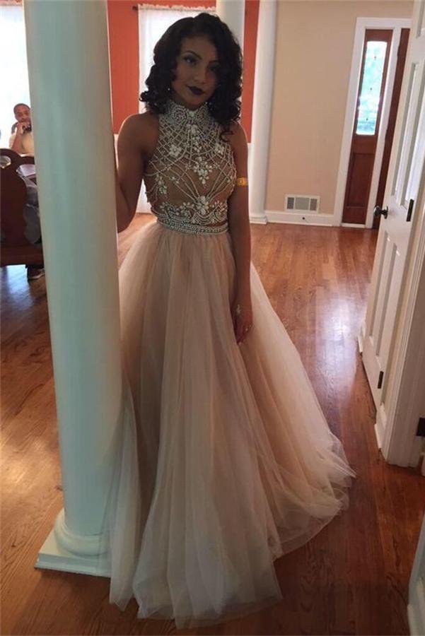 Pretty Two Pieces Tulle High Neck Tulle Long Charming Prom Dresses K686