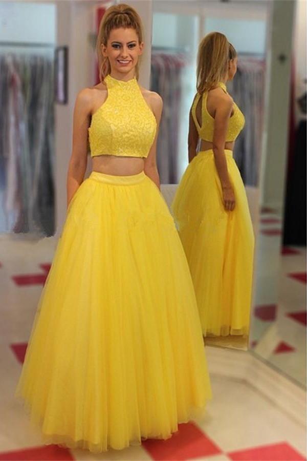 Yellow Two Pieces High Neckline Tulle Cheap Long Prom Dresses K685