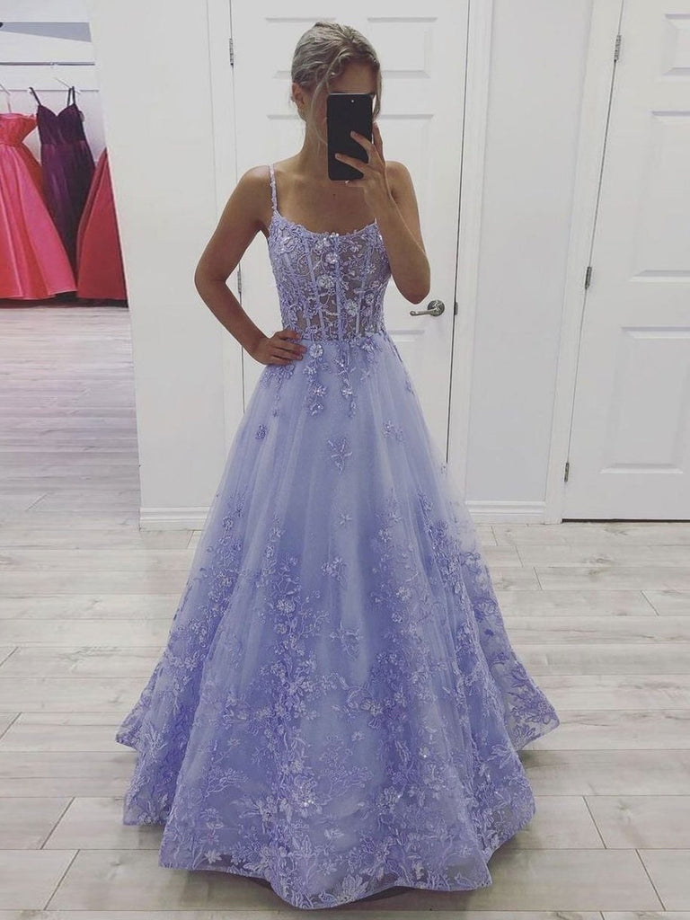 Lavender Lace Appliques A line Tulle Long Prom Dress, Formal Evening Dress DMP036