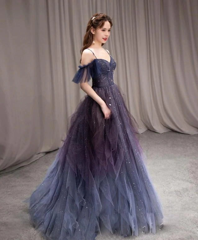 Ombre A-line Tulle Long Prom Dresses Wuth Straps Formal Evening Party Dresses DMP139