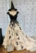 A Line V Neck Cap Sleeves Long Prom Dress With Black Lace Appliques DMS88
