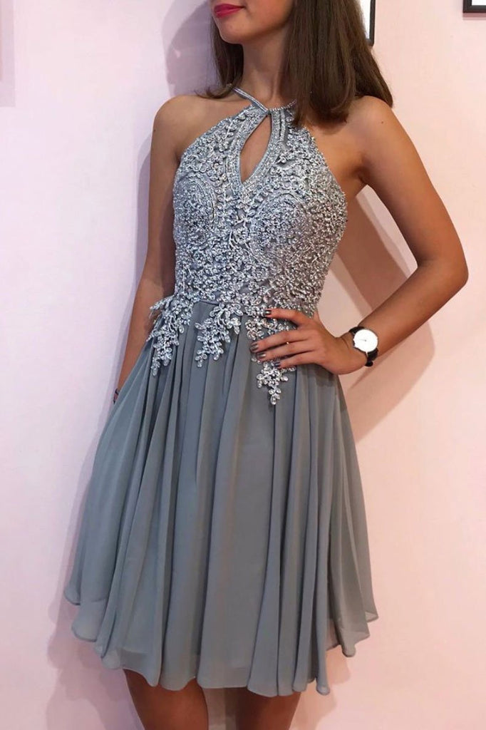 Gray Chiffon Lace Short Prom Dress Lace Appliques Homecoming Dress DMP38