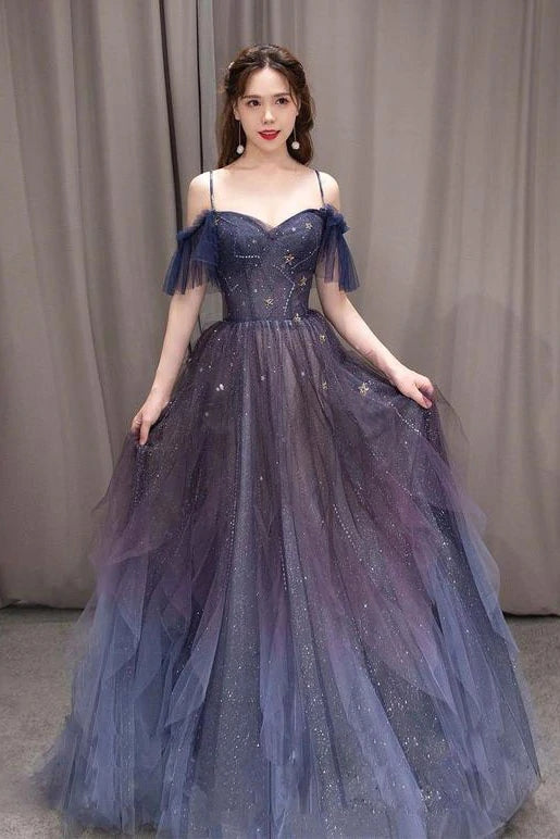 Ombre A-line Tulle Long Prom Dresses Wuth Straps Formal Evening Party Dresses DMP139