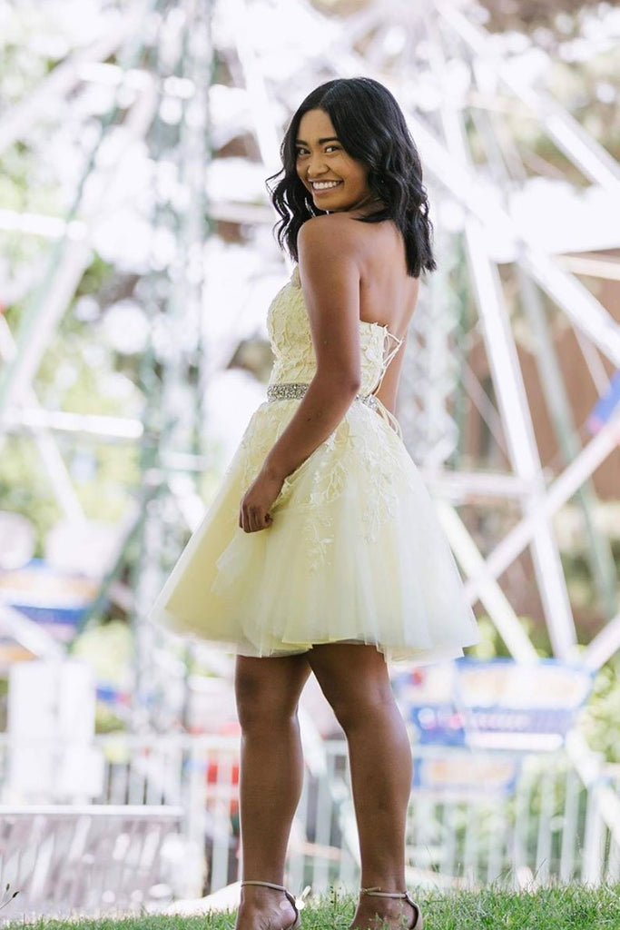 Yellow Tulle Lace Short Prom Dress Beading A Line Homecoming Dress DMP41