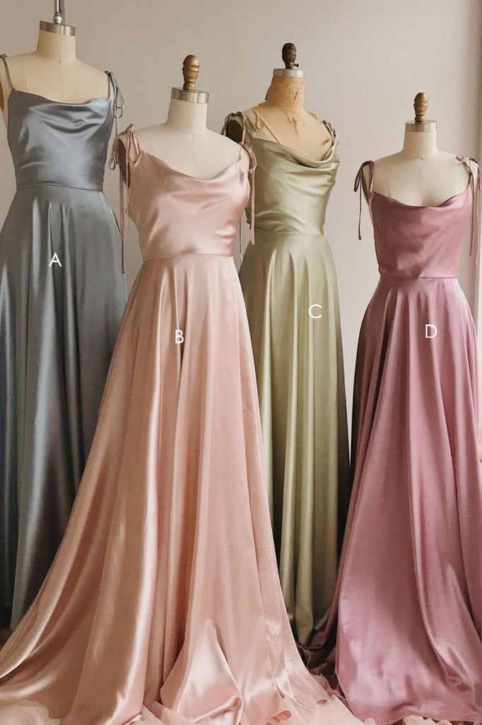 A Line Spaghetti Straps Long Prom Dresses With Pockets, Simple Evening Dresses DMP049