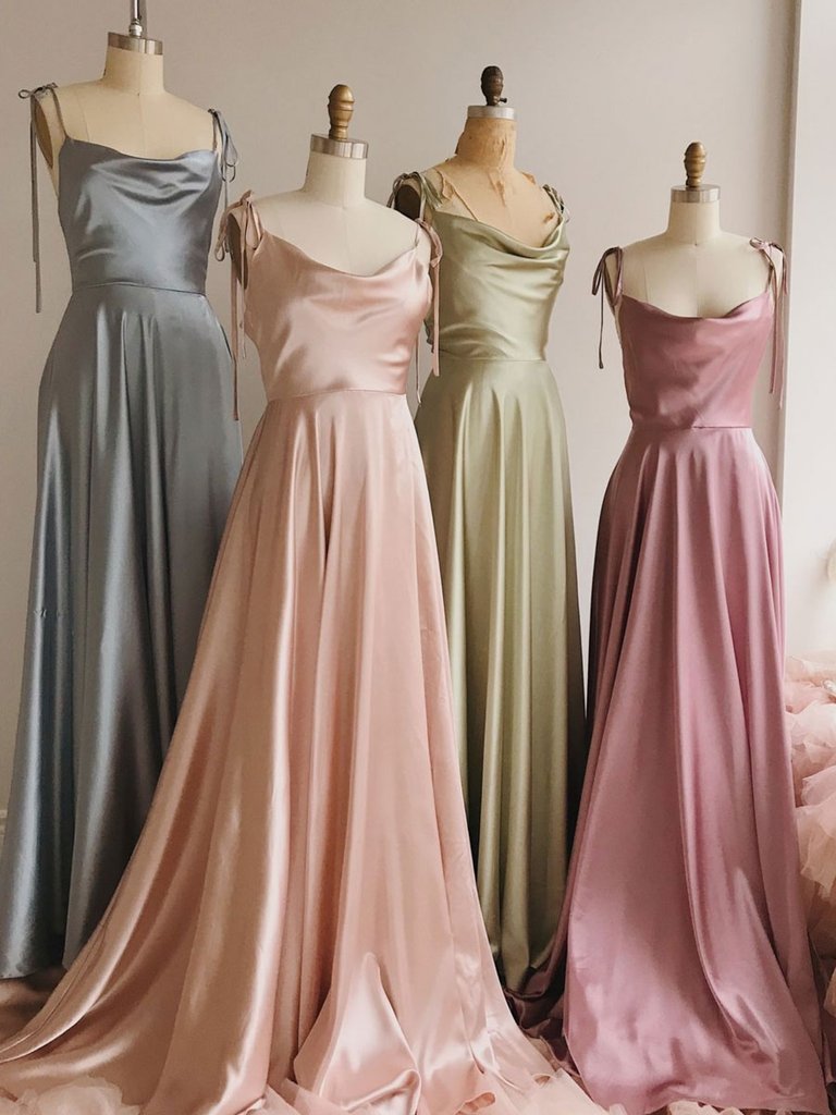 A Line Spaghetti Straps Long Prom Dresses With Pockets, Simple Evening Dresses DMP049