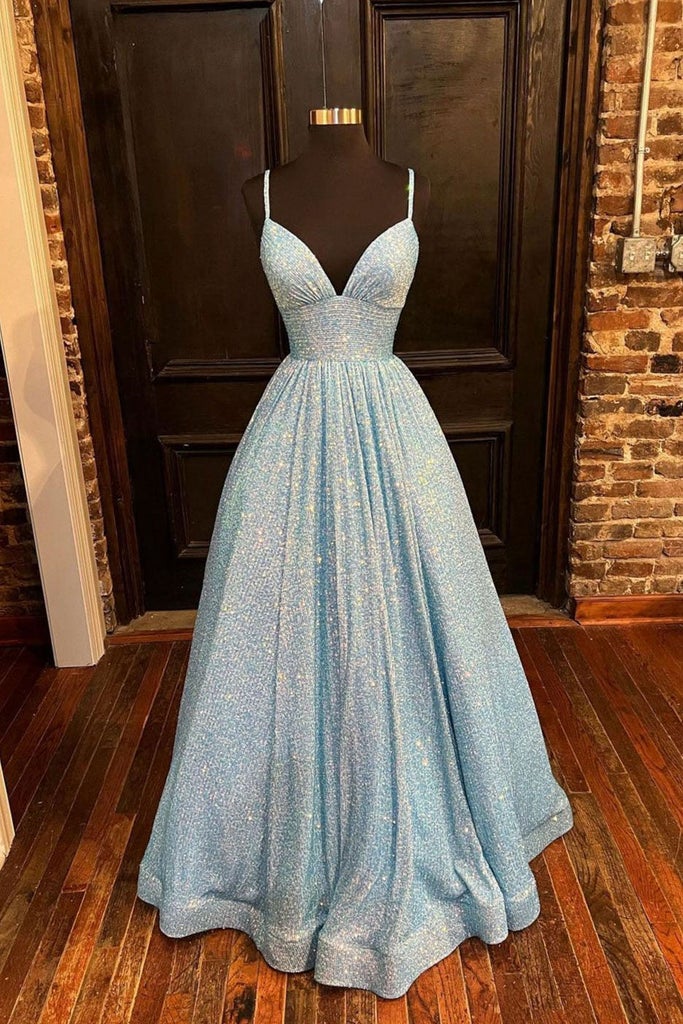 Chic V Neck Sequin Long Prom Dress, A Line Formal Evening Dresses DMP097