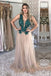 A Line Tulle V Neck Long Prom Dresses With Green Appliques DMP96