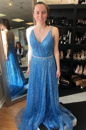 Sexy V neck Sky Blue Sequin Long Prom Dress, Evening Party Gowns DMP129