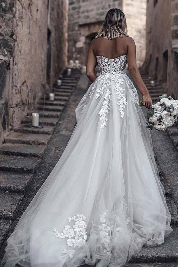 A Line Sweetheart Long Cheap Tulle Wedding Dresses with Lace Appliques DMM81