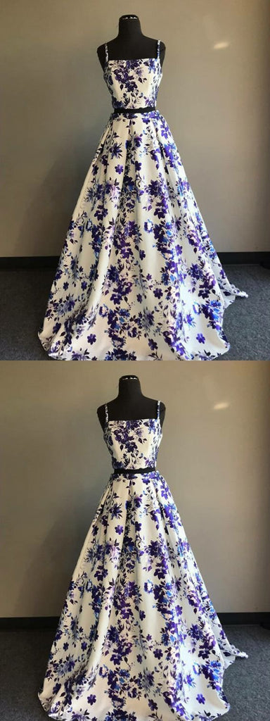 Cheap Long Two Piece A Line Floral Printed Straps Prom Dress DMB92