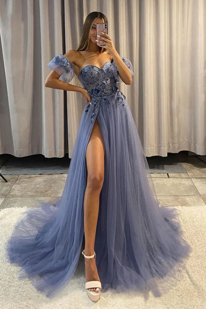 A-line Tulle Sweetheart 3D Appliques Long Prom Dress with Slit DMP307